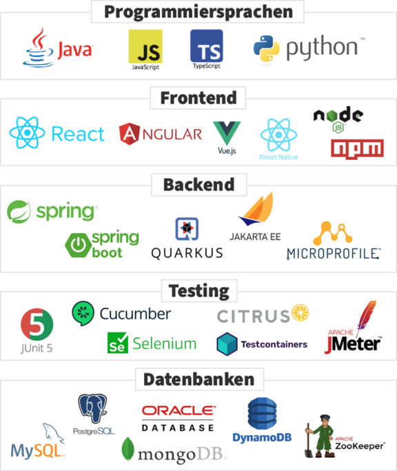 Logos: Programmiersprachen / Frontend / Backend / Testing / Datenbanken